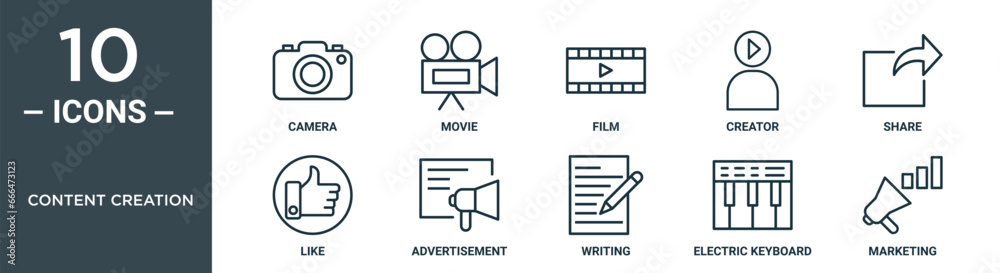 content creation outline icon set includes thin line camera, movie ...