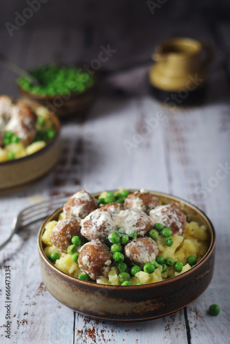 Swedish meatballs with mashed potato side dish - typical dish of Swedish cuisine
