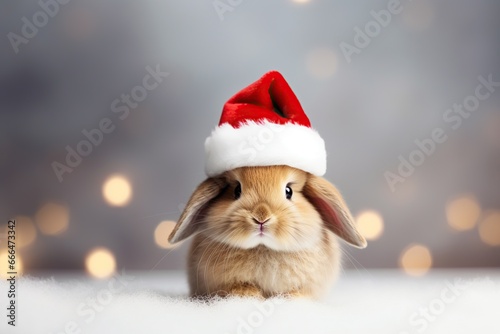 Christmas cute funny baby rabbit in red Santa hat