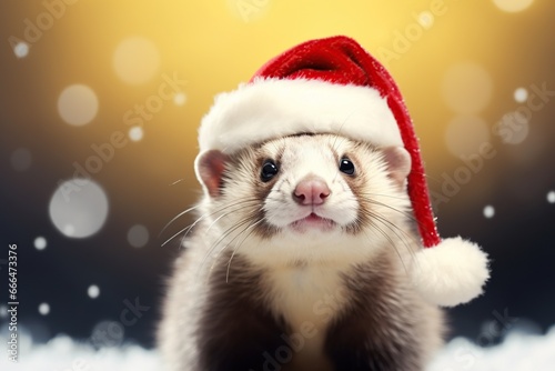 Christmas funny baby ferret in red Santa hat