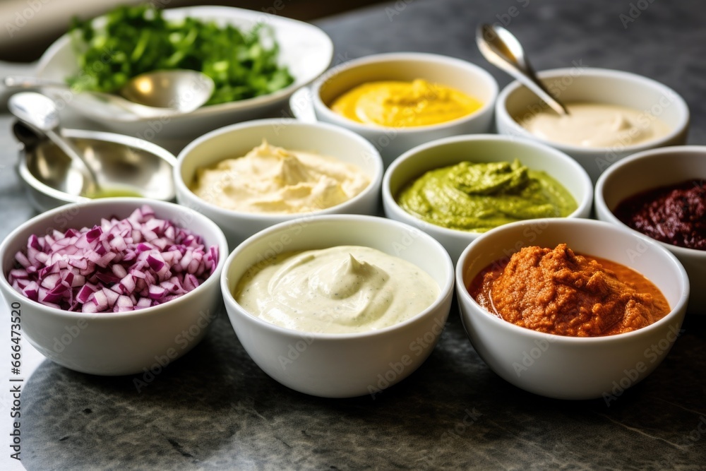 toppings and sauces used for shawarma in separate bowls toppings and sauces used for shawarma in separate bowls