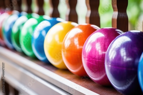 multi-colored bowling balls in a row at alley