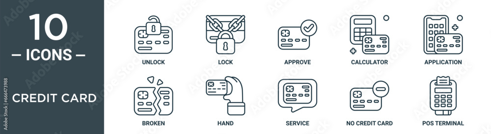 credit card outline icon set includes thin line unlock, lock, approve ...
