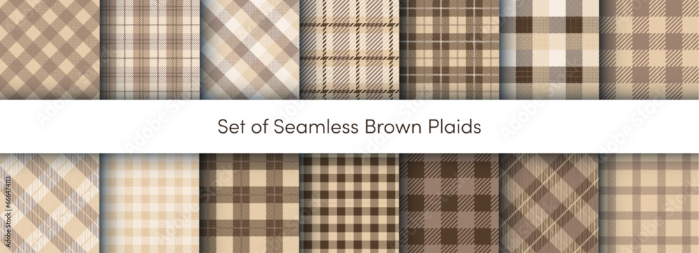 Autumn Plaid seamless pattens collection. Vector Checkered, Buffalo, Tartan brown and beige plaids textured backgrounds set. Traditional Fall fabric print. Seasonal plaid texture fashion print
