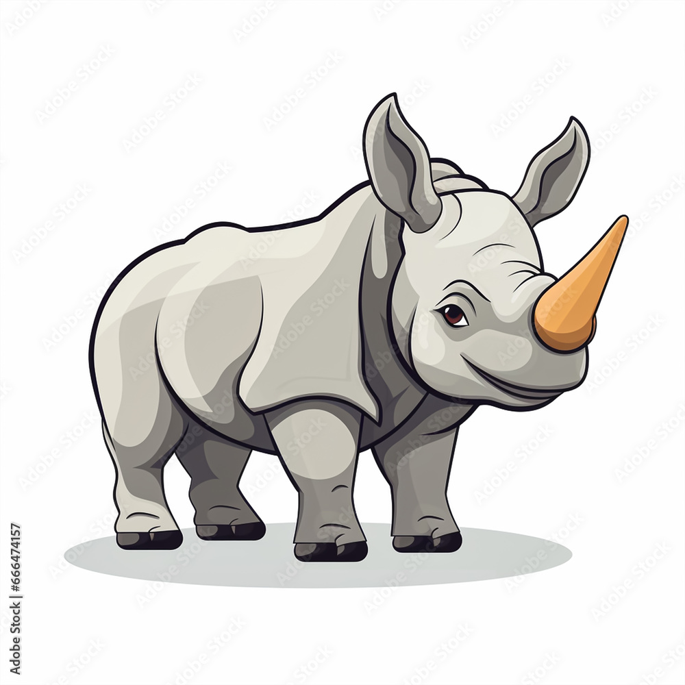 2d cute cartoon rhinoceros animal, 2d cartoon with sharp outlines on White Background