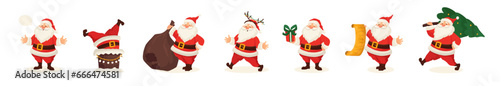 Set of cute funny Santa Claus characters with gift, bag and Christmas tree in different poses, emotions, holiday situations isolated. Christmas holiday vector illustration in flat cartoon style