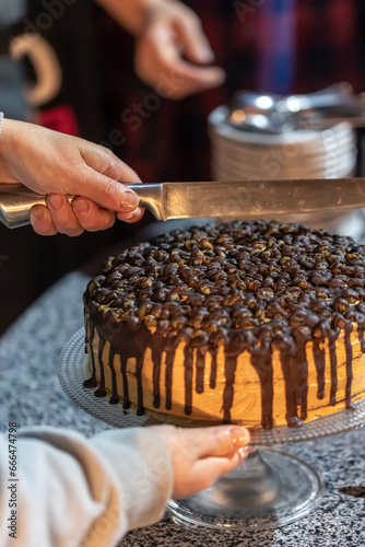 Appetizing homemade chocolate cake in the hands of a woman, close-up.
