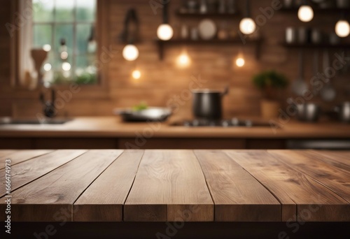 Empty wooden table top with out of focus lights bokeh rustic farmhouse kitchen background © ArtisticLens