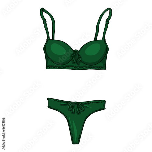 Vector Cartoon Green Women Lingerie. Female Underwear.