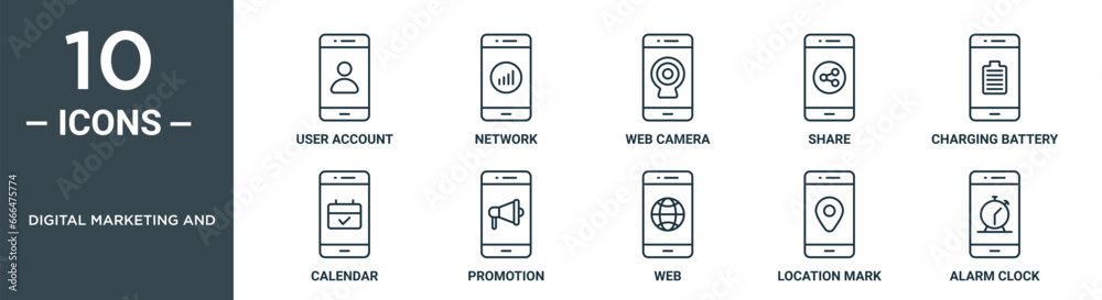 Vetor de digital marketing and outline icon set includes thin line user ...