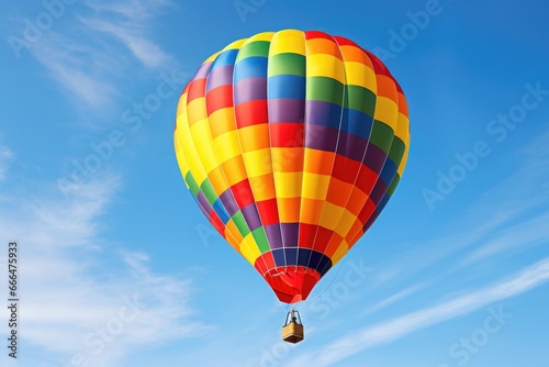 a colorful hot air balloon rising into a clear sky