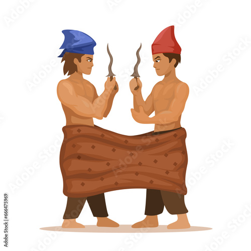 Traditional Fighting Ritual With Sarong From Makassar, Indonesia Cartoon illustration Vector