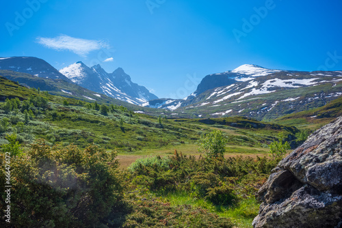 Ekrehytta mountain range seen from Turtagro, Norway at Jotunheimen National Park, with clear skies during a summer day.