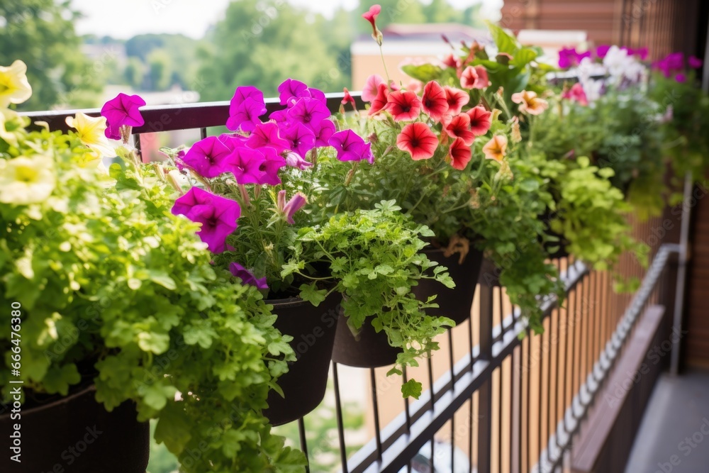 hanging basket plants on a city balcony rail