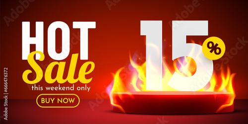 15 percent Off. Hot sale banner with burning numbers. Discount poster.