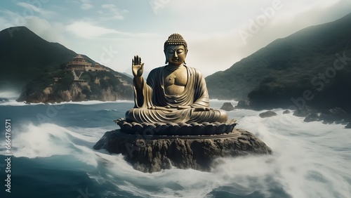 The Buddha was performing a miracle. Regardless of how big the tidal wave is. It's just protecting the coastal city photo