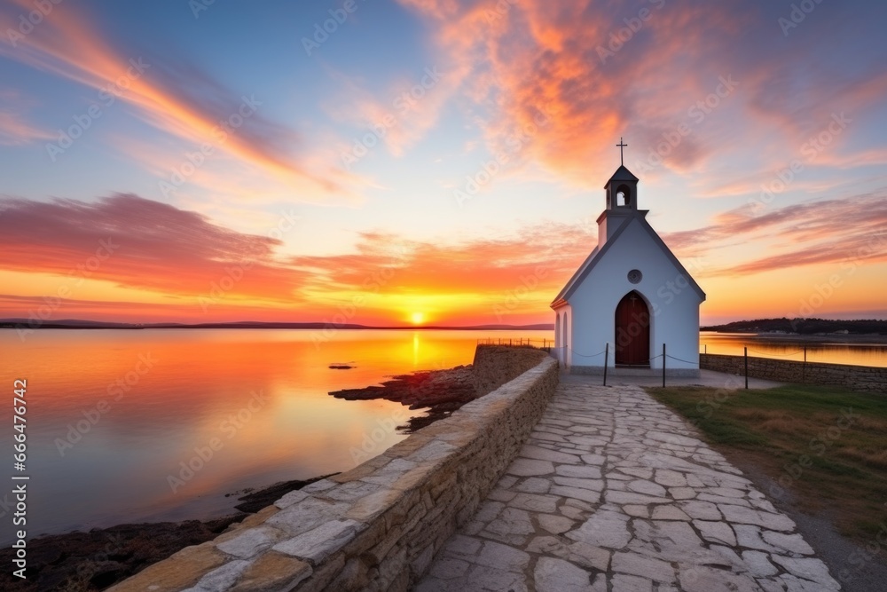 panoramic view of a picturesque seaside chapel at sunset panoramic view of a picturesque seaside chapel at sunset