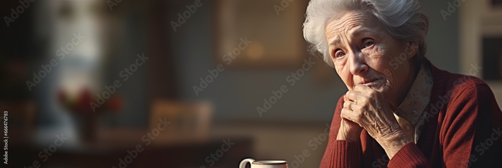 Lonely elderly woman Grandmother missing loved ones. Scene of sadness, trauma and loss. - obrazy, fototapety, plakaty 