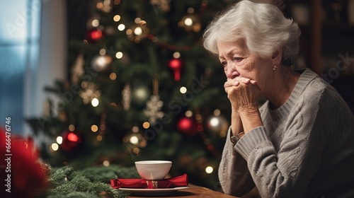 Lonely elderly woman Grandmother during Christmas missing loved ones. Scene of sadness, trauma and loss.