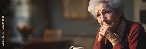 Lonely elderly woman Grandmother missing loved ones. Scene of sadness, trauma and loss.