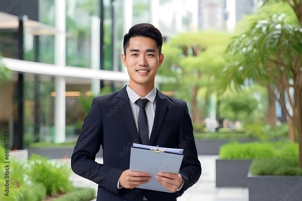 Smiling manager asian man holding clipboard Smiling manager asian man holding clipboard