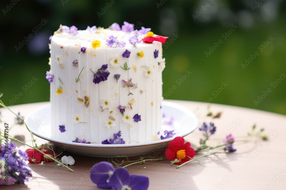a tall white cake adorned with small, delicate edible flowers