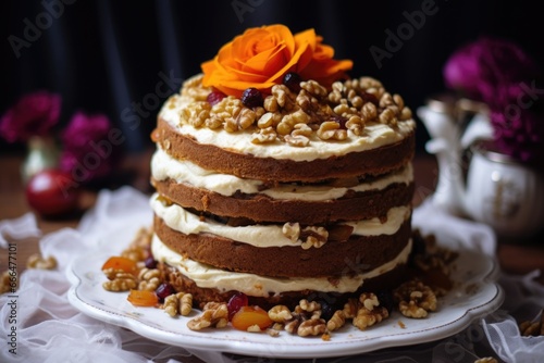 a vegetarian carrot wedding cake topped with walnuts