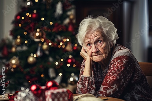 Lonely elderly woman Grandmother during Christmas missing loved ones. Scene of sadness, trauma and loss.