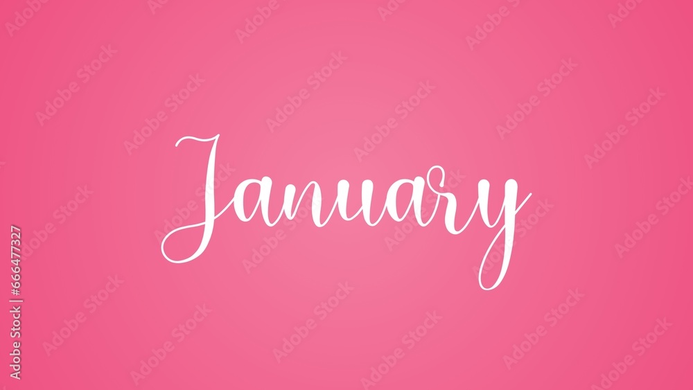 Hand drawn lettering phrase January. Month January for calendar. Handwritten phrase for banner, flyer, greeting card, calendar. White text over pink background. 