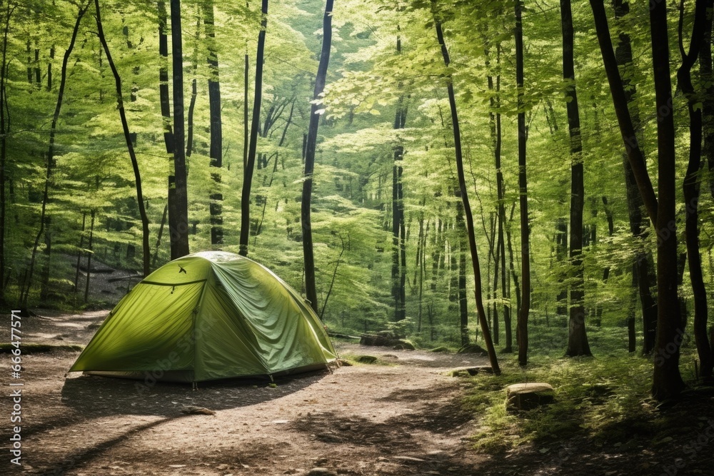 tent pitched in a green forest under bright daylight