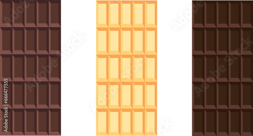 Dark, milk and white chocolate bar set. Unwrapped square pieces of different chocolate. Cocoa organic product vector illustration