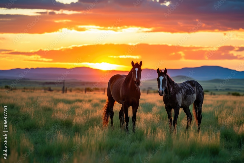 wild horses grazing in a meadow at sunrise wild horses grazing in a meadow at sunrise