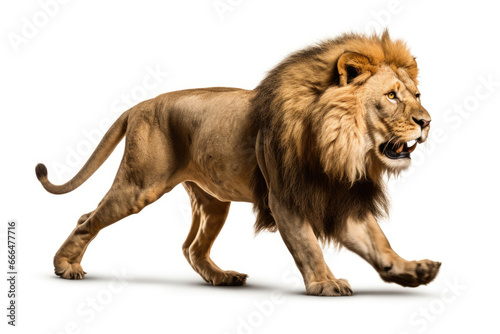 Running lion on white background