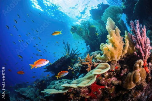 vibrantly colored coral and fish in a clear, submarine scene