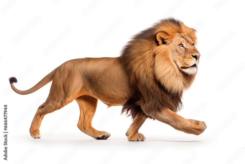 Running lion on white background