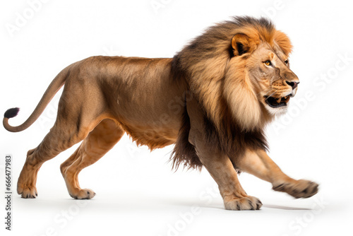 Running lion on white background