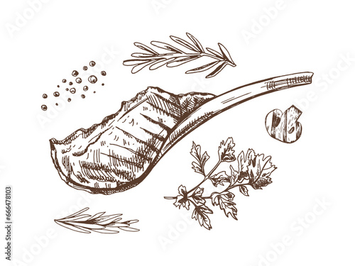 Organic food. Hand drawn vector sketch of beef steak, piece of meat on the bone with parsley, rosemary, pepper peas. Doodle vintage illustration. Decorations for the menu of cafes and labels.
