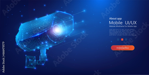 Futuristic Digital Surveillance Camera Concept with Polygonal Mesh Design and Illuminated Core on Dark Blue Background.