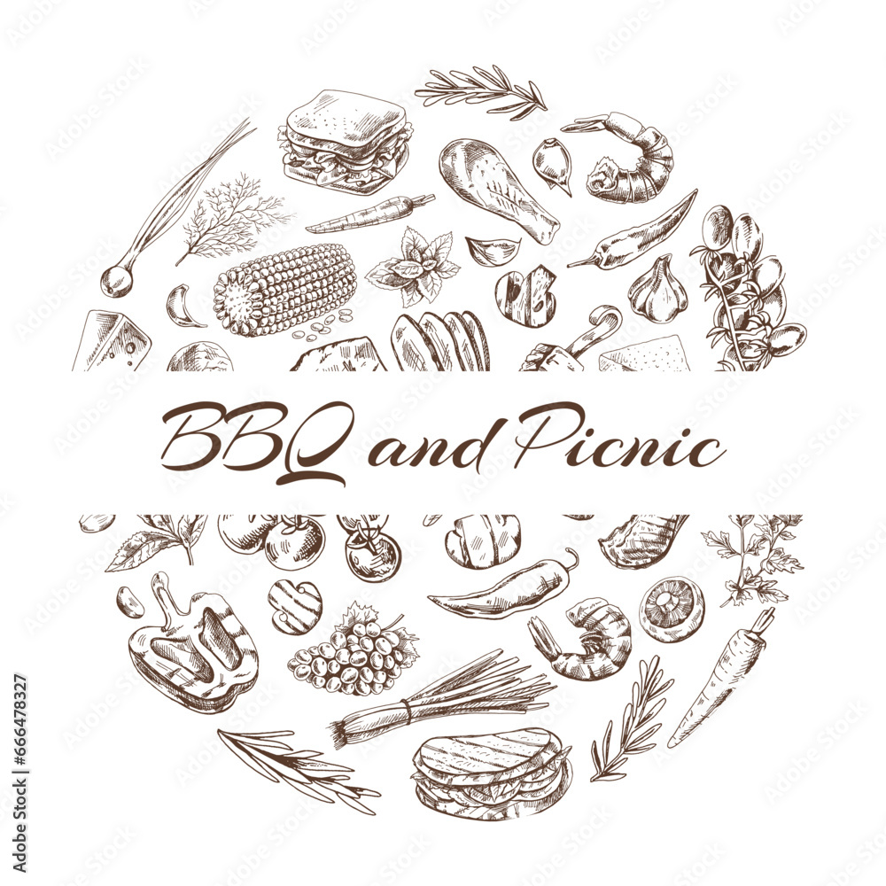 Vintage set of hand drawn monochrome  barbecue and picnic icons. Elements in circle. For the design of the menu of restaurants and cafes, grilled food. Vector illustrations in sketch style.