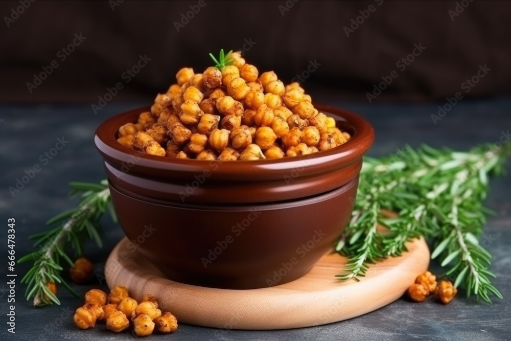 roasted chickpeas in wooden cup on kitchen counter roasted chickpeas in wooden cup on kitchen counter