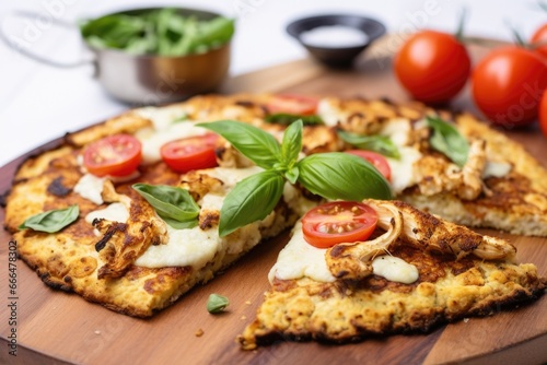 roasted cauliflower pizza on a wooden board