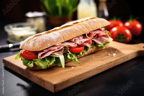 a baguette sandwich with ham and lettuce