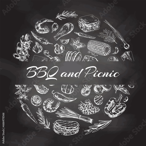 Vintage set of hand drawn monochrome  barbecue and picnic icons on chalkboard background. Elements in circle. For the design of the menu of restaurants and cafes, grilled food.