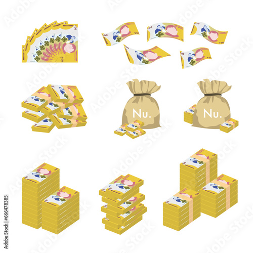 Bhutanese Ngultrum Vector Illustration. Huge packs of Bhutan money set bundle banknotes. Bundle with cash bills. Deposit, wealth, accumulation and inheritance. Falling money 100 BTN