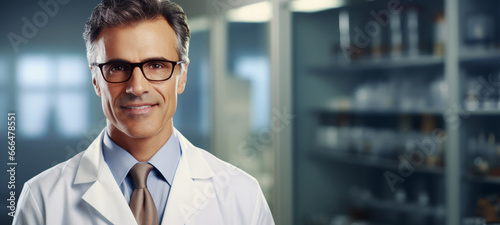 Smiling doctor or pharmacist in a white coat and tie, male physician, wearing a white lab coat, medical background, professional image. With copy space.