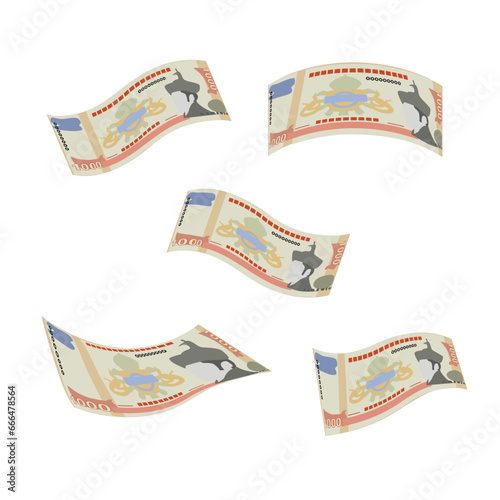 Bhutanese Ngultrum Vector Illustration. Bhutan money set bundle banknotes. Falling, flying money 1000 BTN. Flat style. Isolated on white background. Simple minimal design. photo