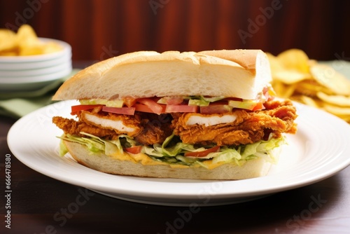 a sandwich with breaded chicken filling on a plate