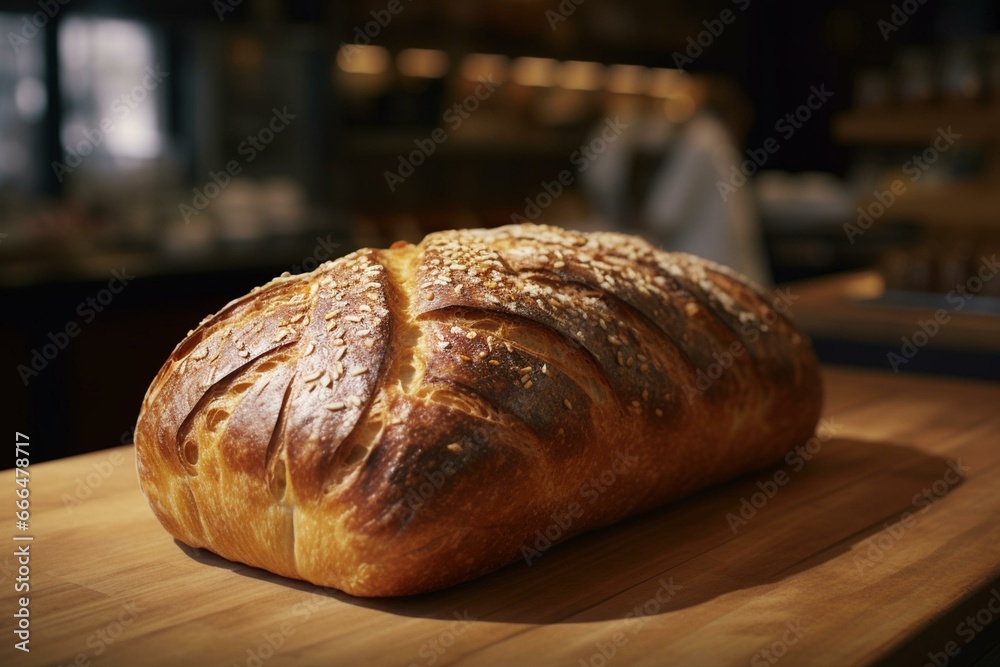 A mouthwatering loaf of bread showcased in a bakery. Generative AI