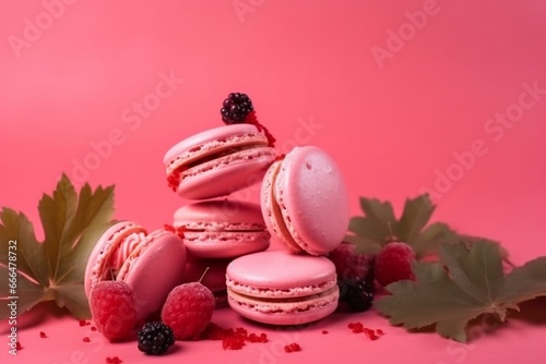 Delicious strawberry macaroons on a pink background. Generative AI