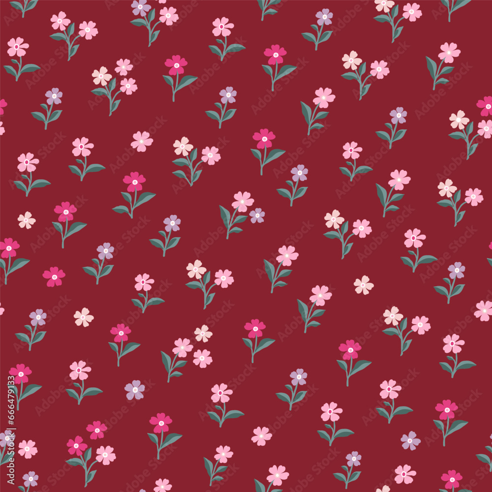 Seamless pattern of pink, light pink and purple flowers on a burgundy background. Seamless pattern of pink, light pink and purple flowers on a burgundy background.